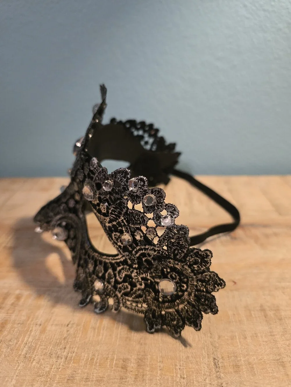 Black and Silver Lace Masquerade Mask with Rhinestones